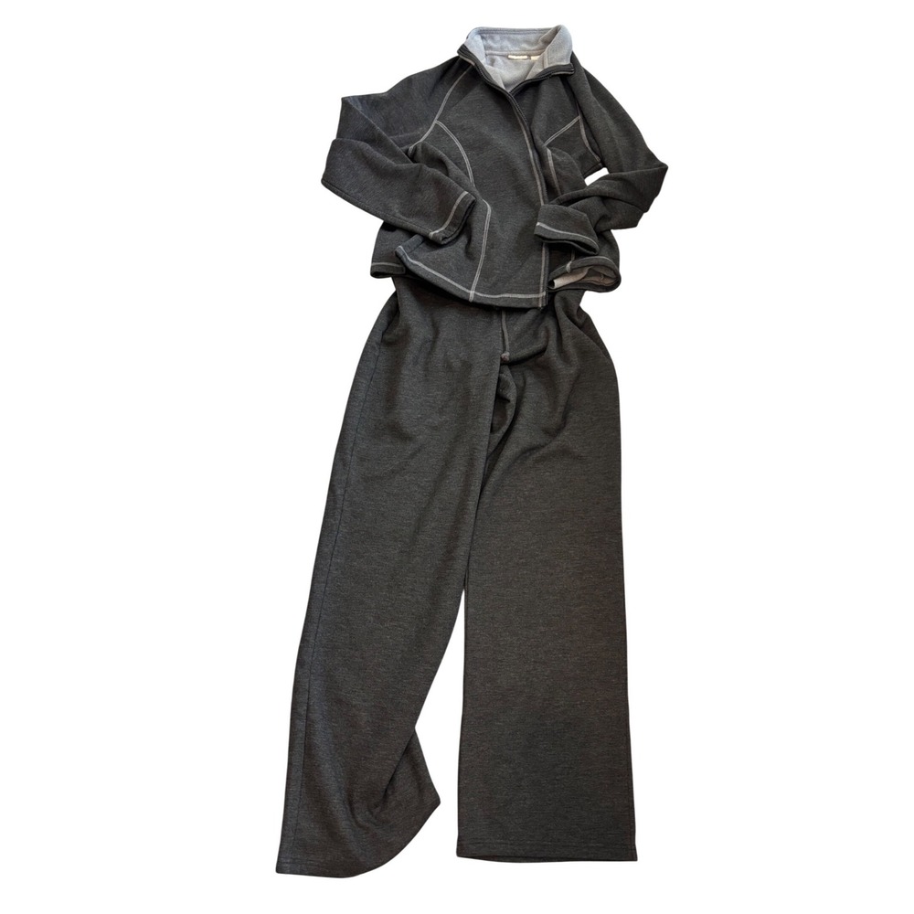 Caslon Lounge Set Women L Grey Fleece‎ Zip Jacket Wide Leg Pants Co-ord A164